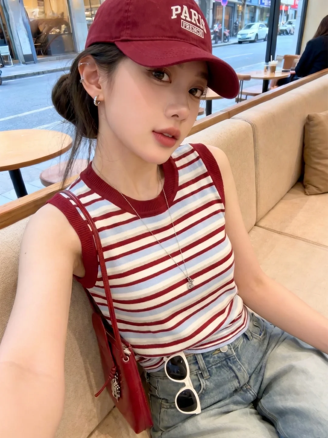Summer New Style Women's Knitted Slim Fit Stripe Color Block Tank Top Casual Wear round Neckline Sleeveless Outerwear