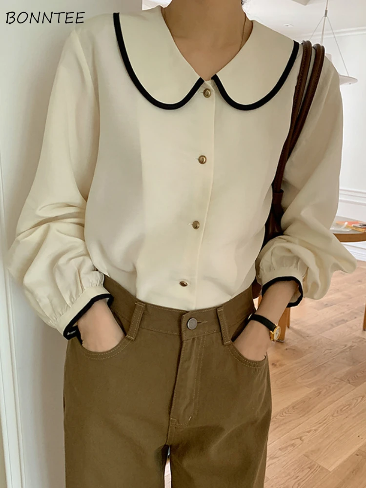 

Peter Pan Collar Shirts Women Korean Fashion Age-reducing All-match Simpel Temper Casual Aesthetic Spring Office Lady Daily Ins