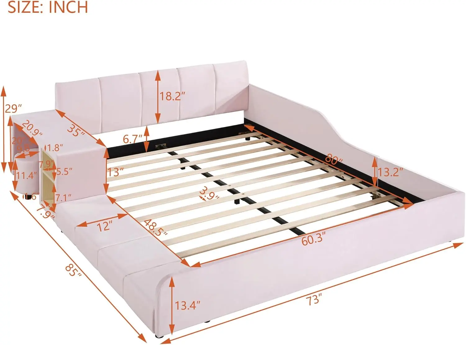 Samt gepolstertes geerdetes Bett plattform bett, hölzernes Queen-Size-Mutter-Kind-Bett rahmen mit Nachttisch und kleiner Runde