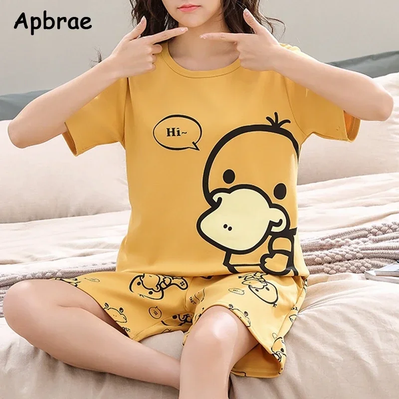 Apbrae Summer Cotton Short Sleeve Pajamas for Women Cute Cartoon Pajama Fashion Sleepwear Woman Pyjamas Ladies Loungewear