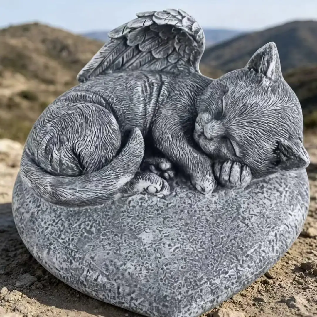 Angel Cat Pet Memorial Stone, Weatherproof Sleeping Cat Grave Marker, Outdoor Garden Pet Tombstone For Cat Loss