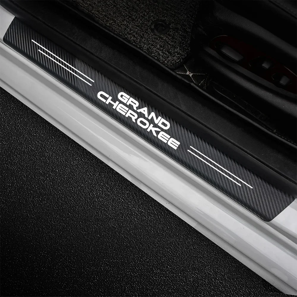 4PCS Car Logo Door Sill Scuff Plate Decor Carbon Fibre Stickers For Jeep Grand Cherokee ZJ WJ WL 1993 1994 1995 - 2019 2020 2021