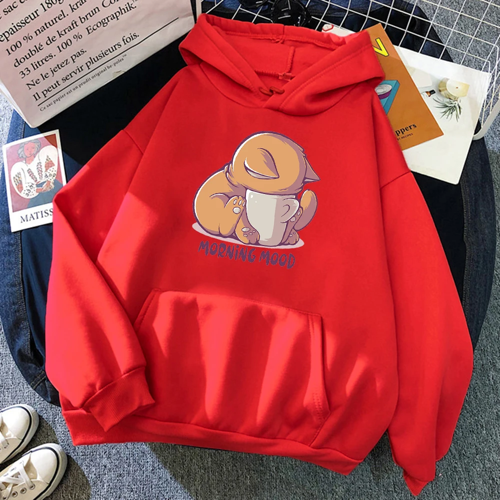 Cat Is Looking At The Cup Lovely Women Hoody Cartoons Street Pullover Loose Casual Hoodies Fleece Oversized Sweatshirt Women