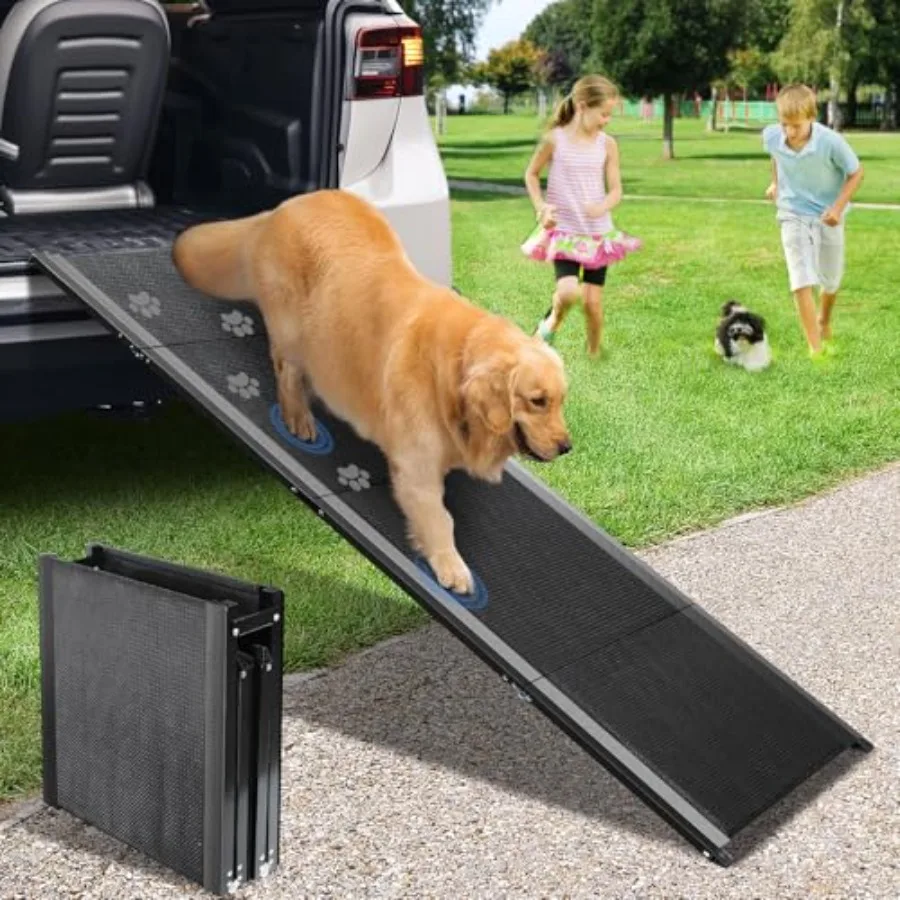 

Dog ramp for car with anti-slip surface, aluminum alloy, black, folding design for large dogs up to 250 lbs, 63''x17.3'', indoo