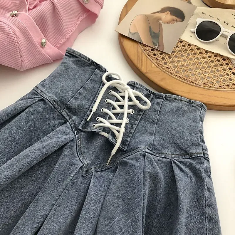 Fashion Lace Up High Waist A-Line Women Skirts Y2K Anti-Glare Denim Pleated Skirt Ladies All-Match College Style Mini Skirt Girl