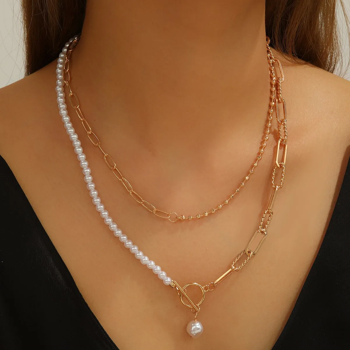 Collar de Moda con Cuentas Redondas Largas, Estilo Retro, Collar Personalizado con Perlas y Broche Ottonbuckle