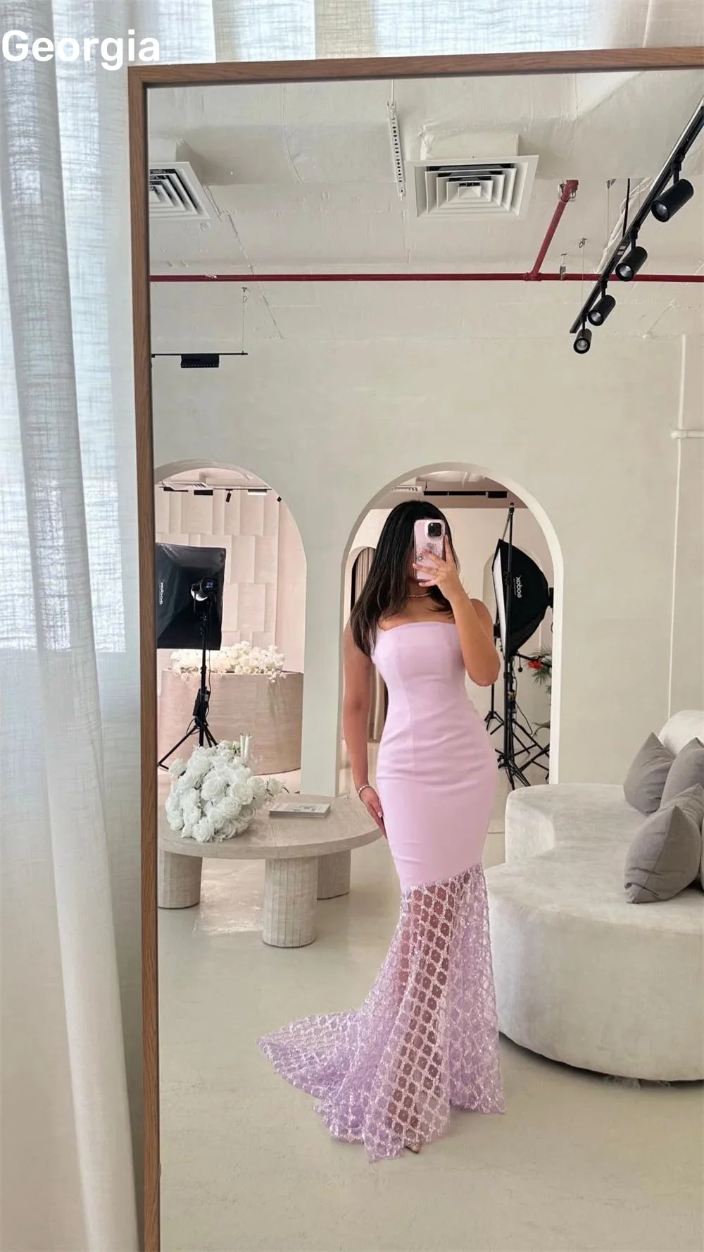 فساتين سهرة Strapless A-Line Pink Elegant Party Dresses For Women Floor-Length Lace Formal Occasion Dresses Zipper Up Sleeveless