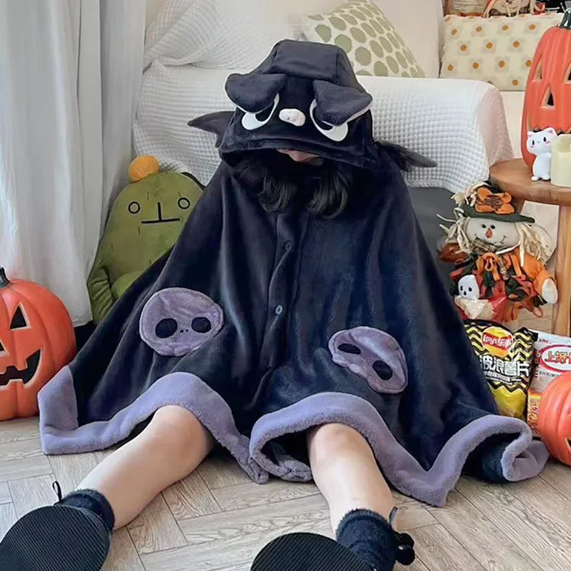 Kawaii Cartoon Bat Y2k Blanket Plush Pajamas Anime Cloak Costume Halloween Cloak For Adults Winter Ponchos Women Hooded Cape