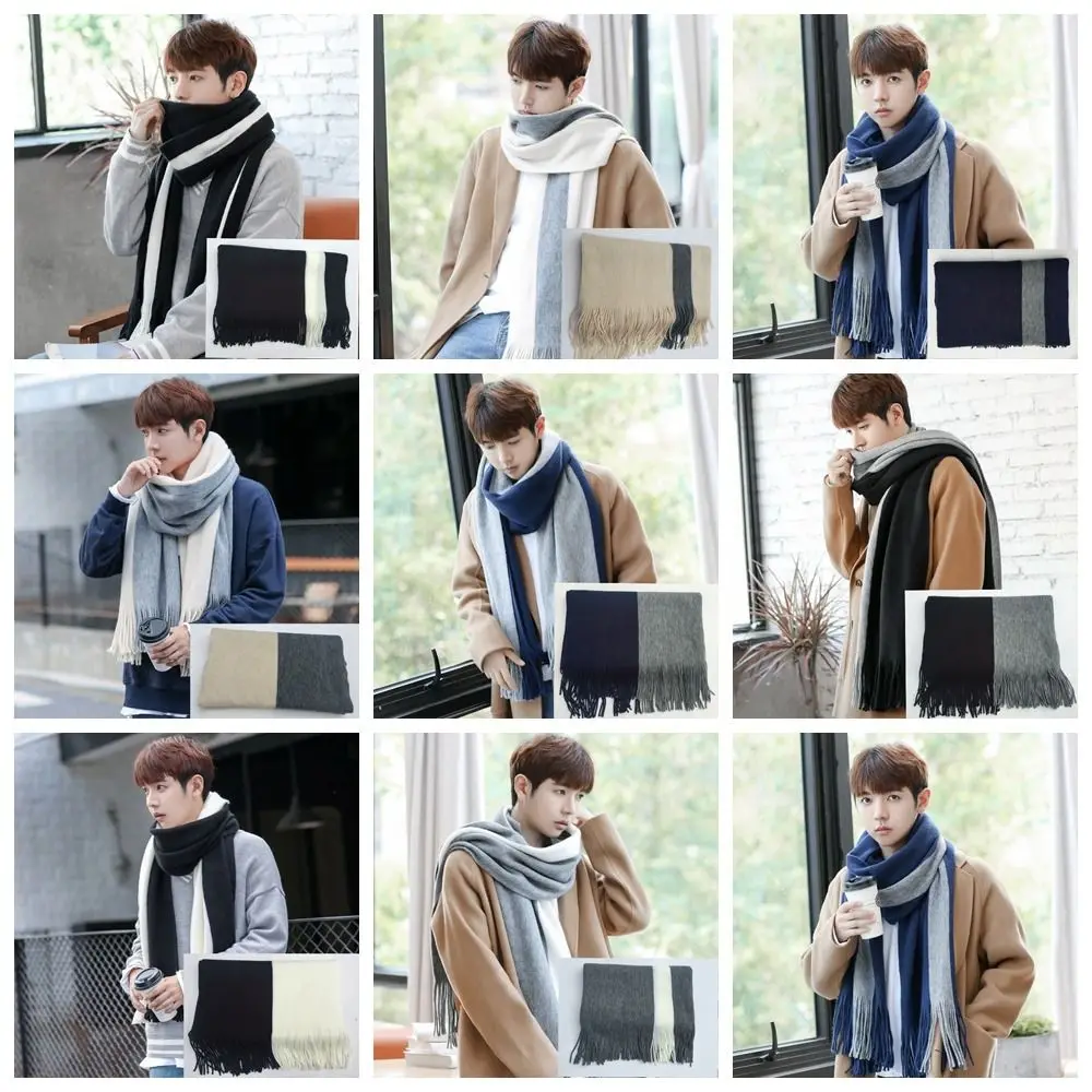 Retro Korean Style Men Cashmere Scarf Thickened Splicing Color Long Wool Tassel Scarf Windproof Warm Winter Neckerchief Student