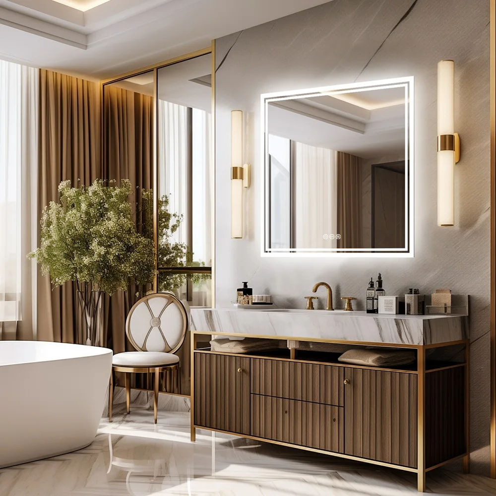 Factory-Fixed Square LED Smart Modern Ceramic Bathroom Mirror Heating Defogging Independent Touch Button Aluminum Frame Vanities