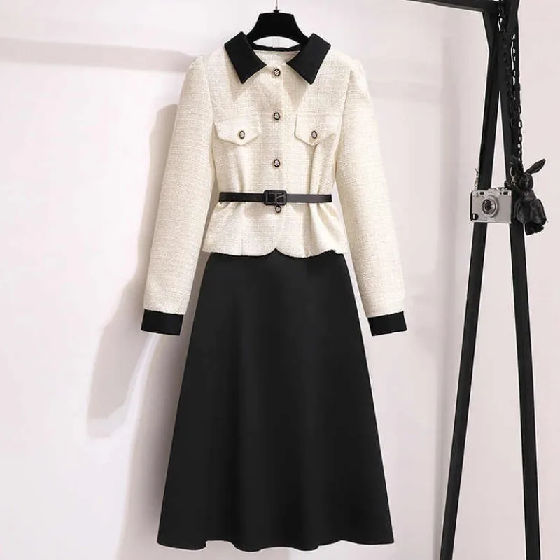 Women Elegant Chic Formal Occasion Suit Belt Jackert Coat Top And A Line Skirt Two Piece Set Outfit Female Winter Autumn Clothes