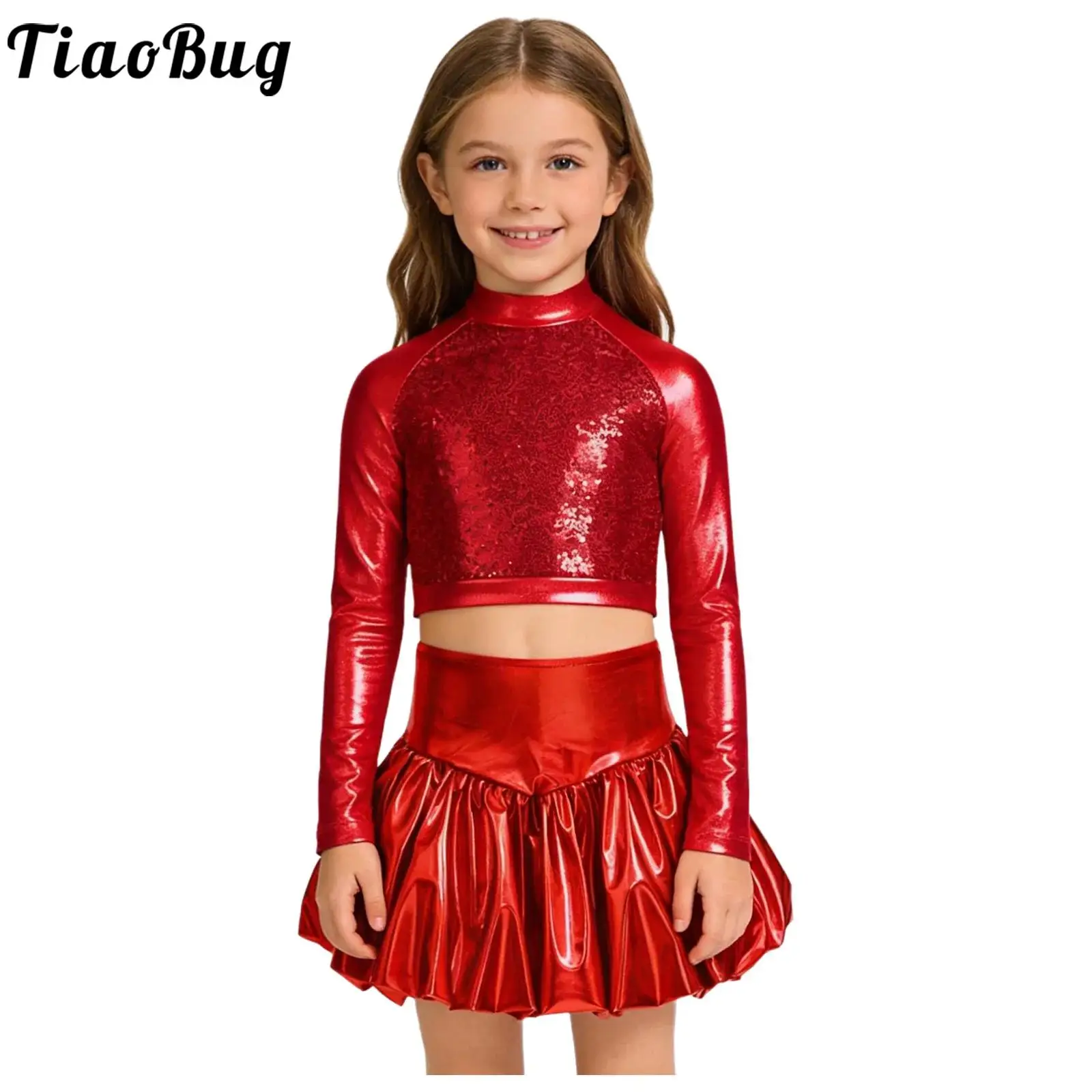 Kids Girls Metallic Shiny Jazz Hip Hop Dance Outfit Long Sleeve Sequins Crop Top with Bubble Skirt School Cheerleading Dancewear