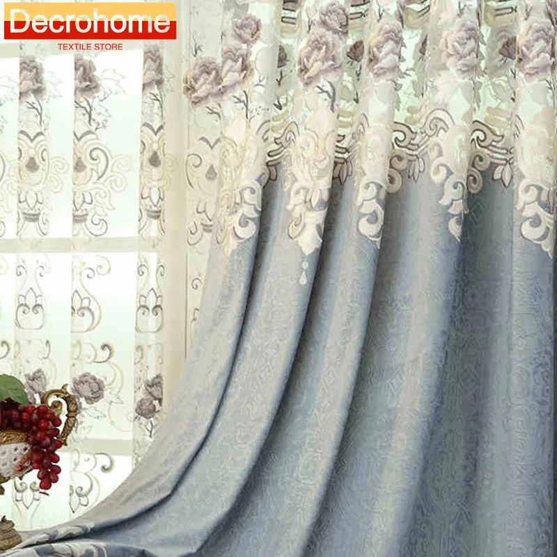 Blue Gray Embroidered Window Screen Thickened Water-soluble Hollow Chenille Curtains for Living Room Bedroom French Window