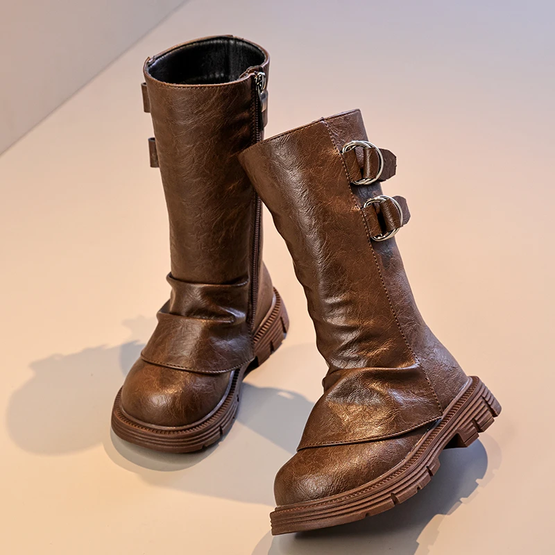 

Fashion Girls Leather Boots Trend Black Brown Kids Classic Catwalk Boots Thick Soled Causal Children School Long Boots Round-toe
