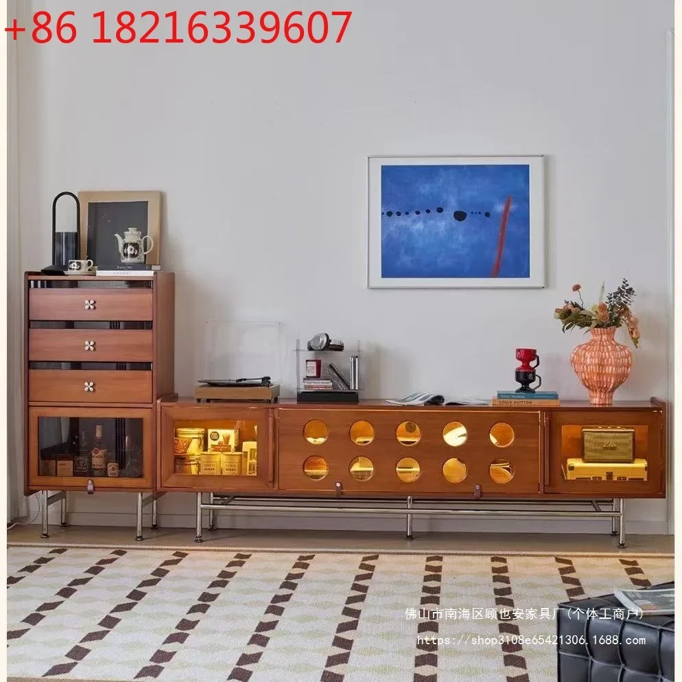Solid wood TV cabinet, living room against the wall audio-visual cabinet, household simple retro storage locker