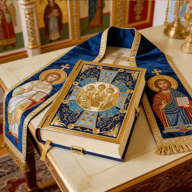 

Luxury Gold Plated Orthodox Gospel Book Cover with Enamel Holy Trinity Icon for Church Liturgy Clergy Home Altar Devotion Gift