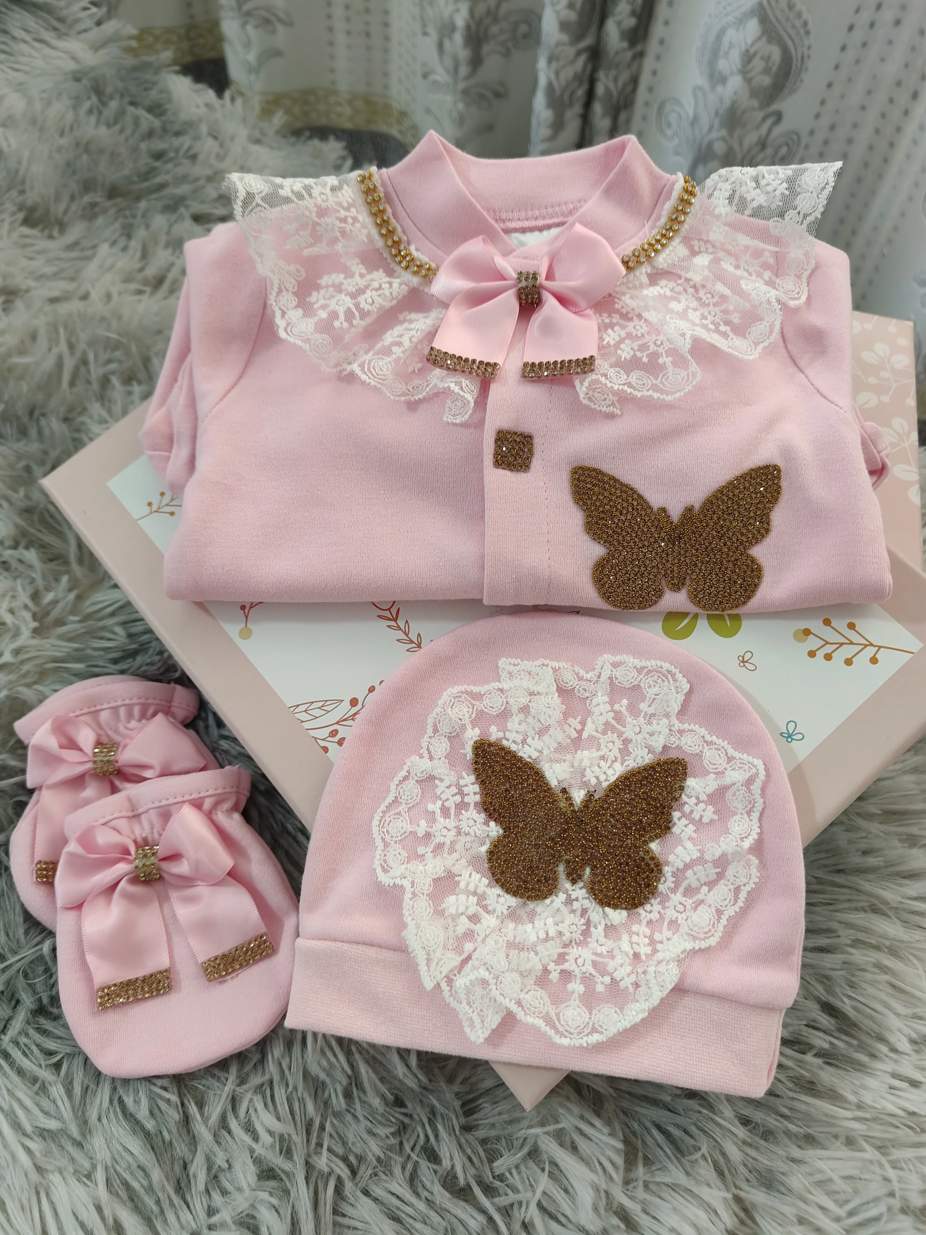 2026 Luxury Newborn Baby Girl Jumpsuit 3Pcs, Pink Cotton Lace Butterfly Rhinestone Bow Footed Onesie, Infant Photo Outfit Gift