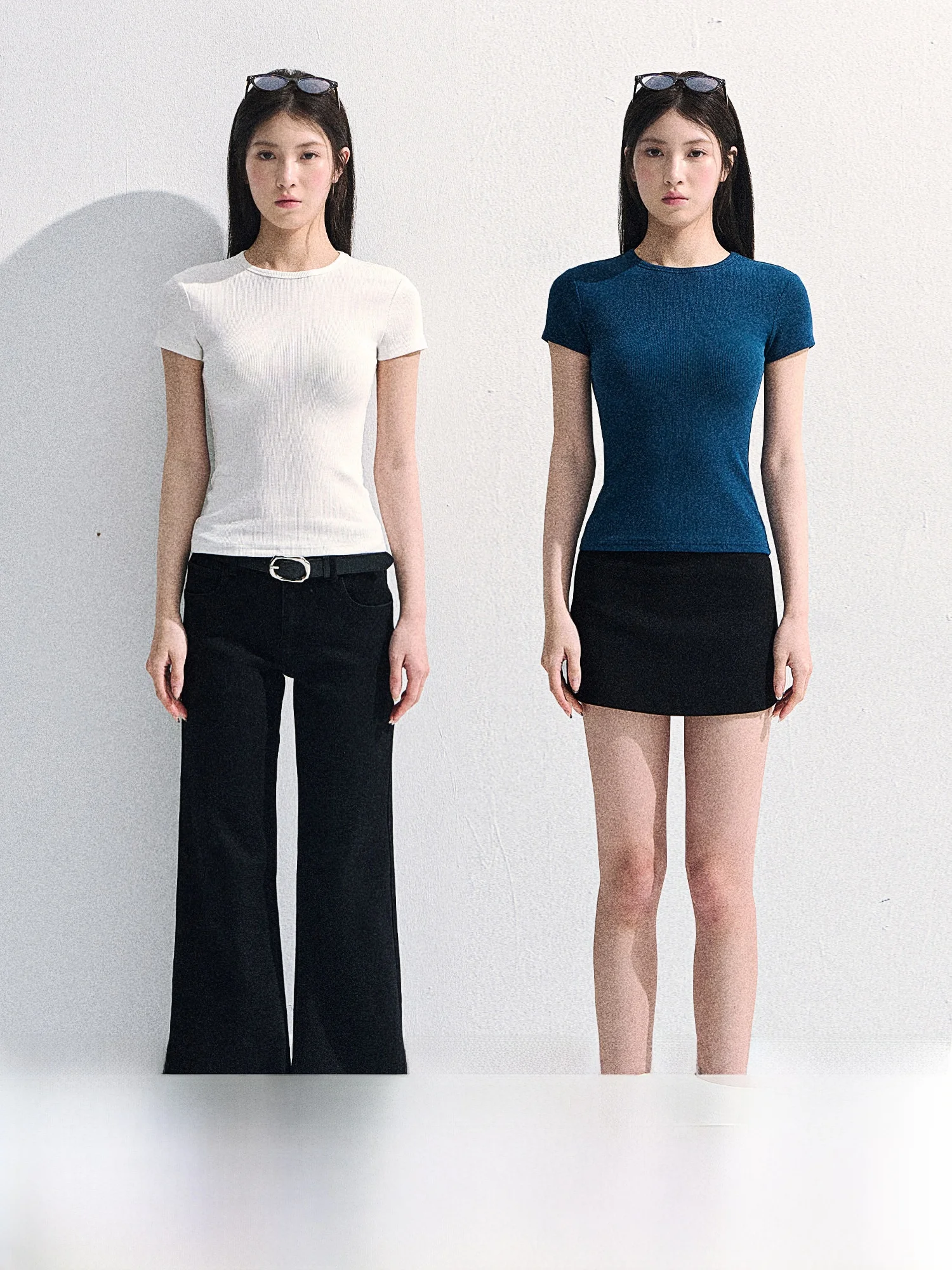 

Slim Fit round Neck Short Sleeve T-Shirt Women's Korean Style Commute Pure Color Low Waist Design Summer New Arrival