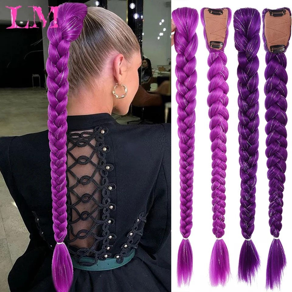 LM 26inch Long Purple Silver Glitter Tinsel Jumbo Braid Claw Clip Ponytail for Festival Street Party Styling