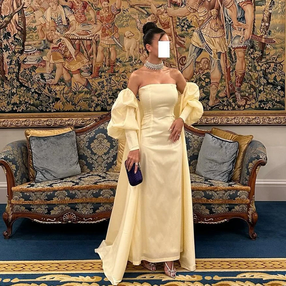 Formal Yellow Straight Strapless Detachable Sleeve Chiffon Evening Dress Sweep Train Puff sleeves Open Back Celebrity Gowns 2024