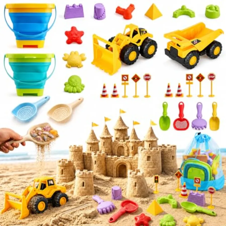 30PCS Beach Toys for Ages 3-10, All-in-One Sand Toys Set with 2 Collapsible Buckets, Shovels, Trucks and Molds, Keep Busy for H