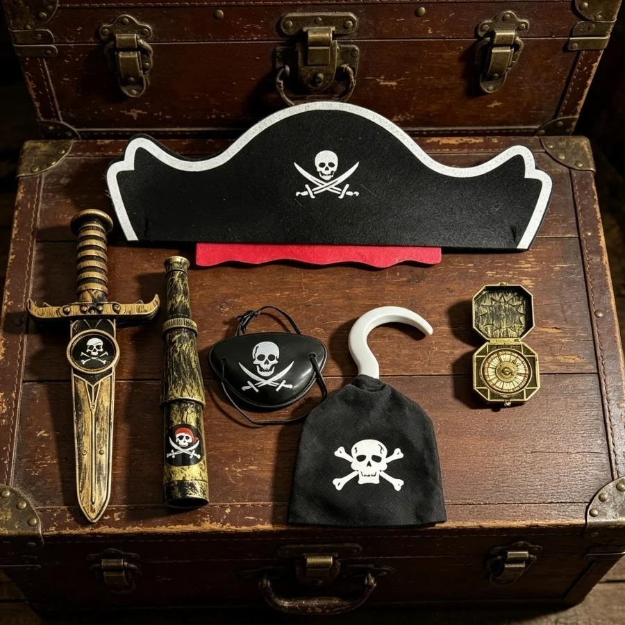 Conjunto de Accesorios para Disfraz de Pirata del Caribe para Cosplay de Halloween - Sombrero, Gafas, Ganchos, Telescopio, Espada de Juguete