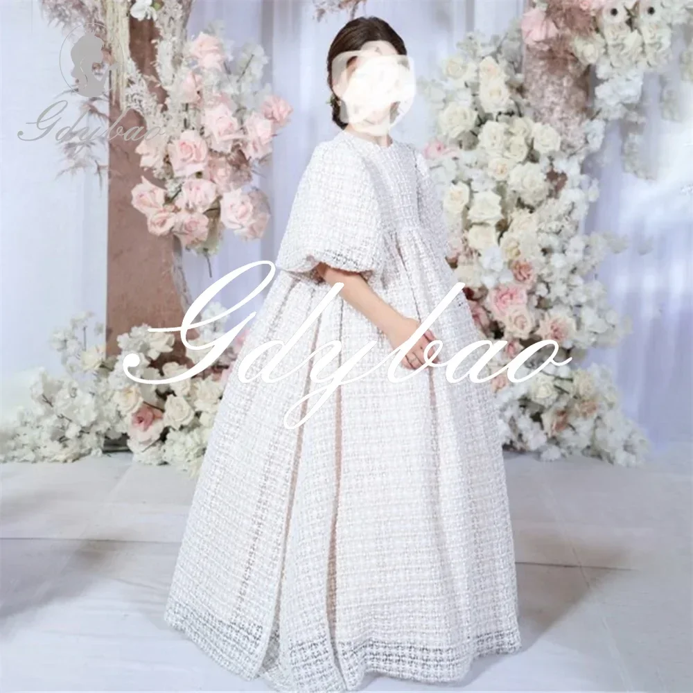 

Luxury Puff Sleeve Applique Wedding Party Flower Girl Dress A Line Floor Length Long Ball Formal First Communion Gown Customized