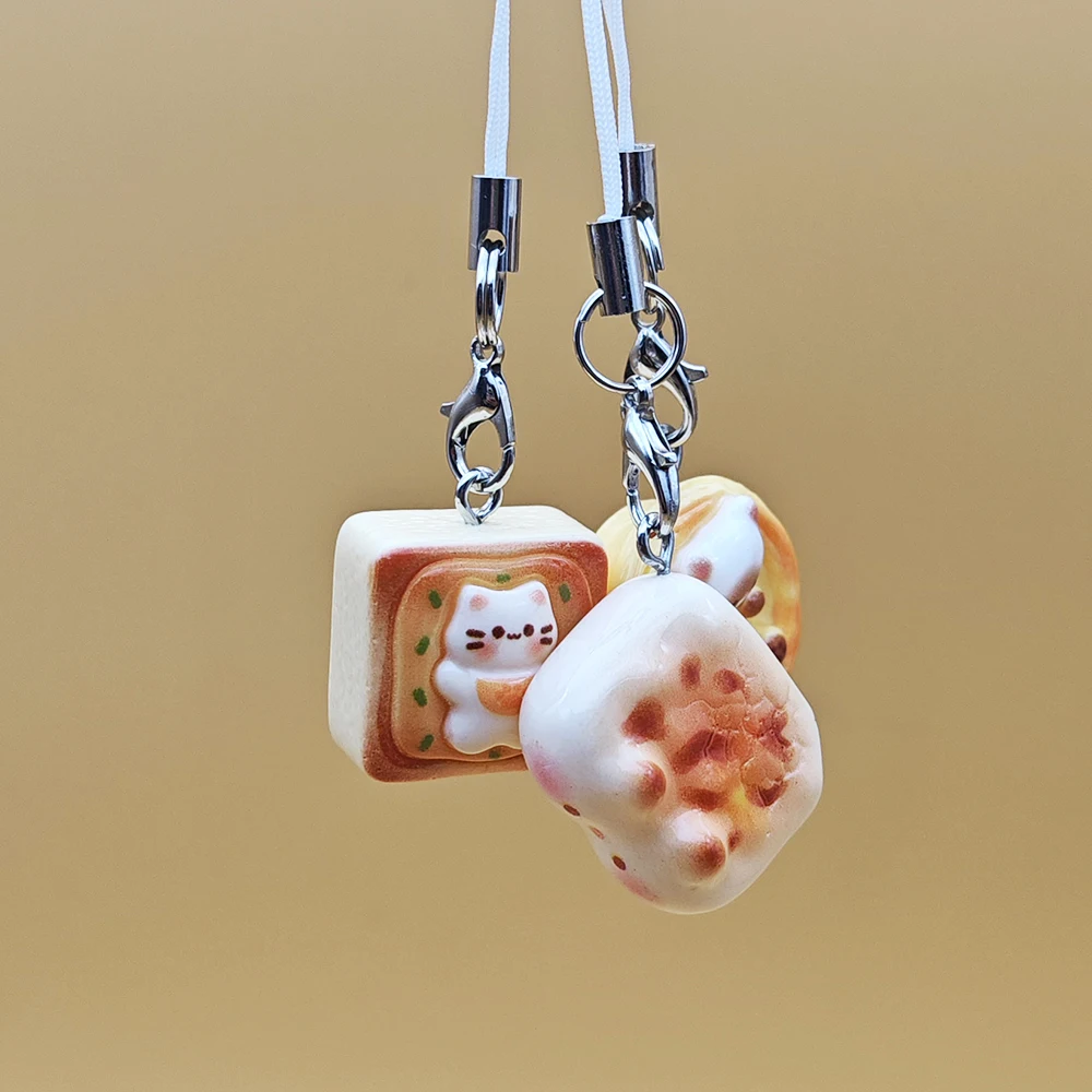 3pcs Set Japanese Style Cute Cat Bread Phone Charms Kitten Toast Keychains Kawaii Lanyard Pendant for Bags Perfect Gift