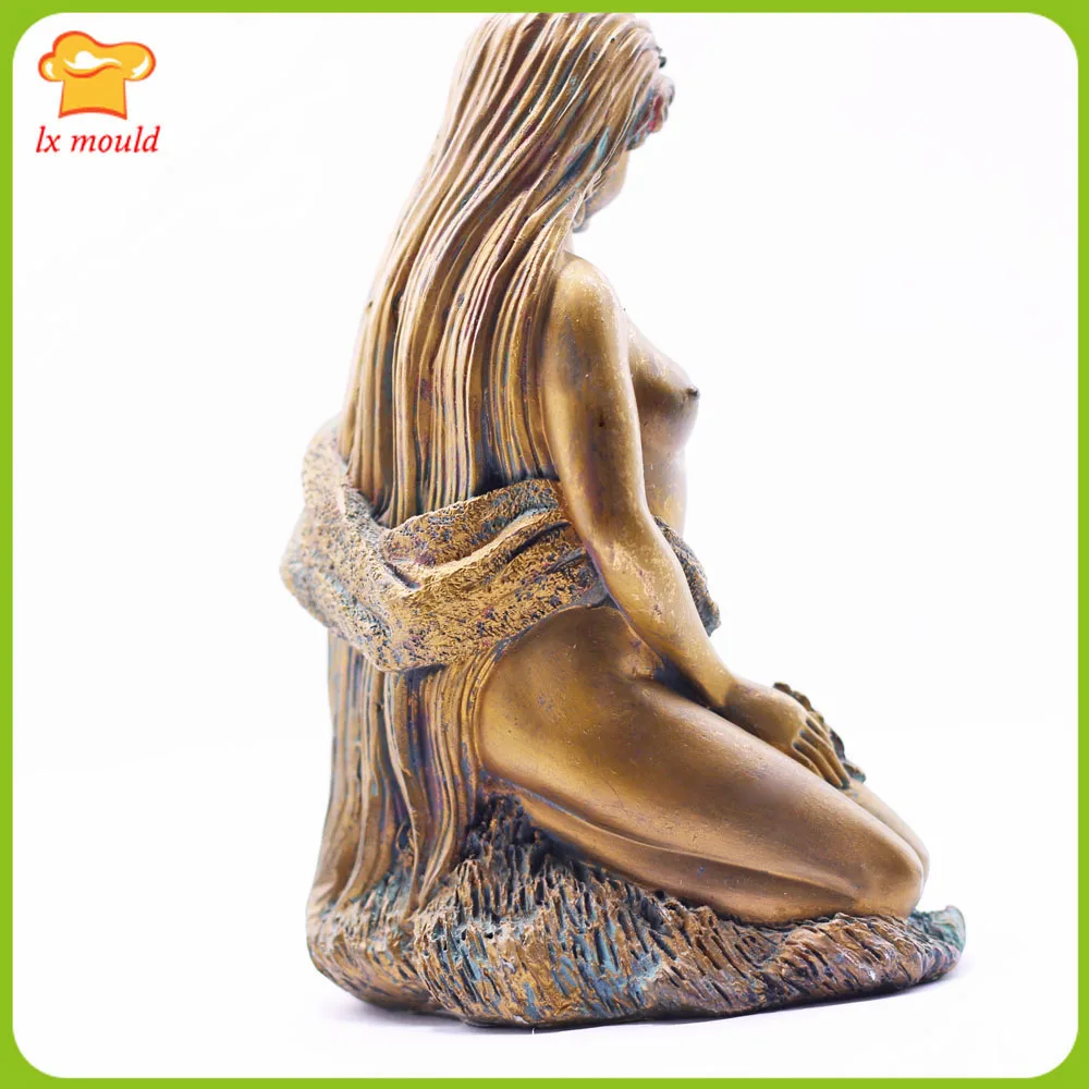 3D Farm Long Hair Girl Silicone Candle Mould Female Nude Body Plaster Sculpture Decorative Home Resin Mold - Rose Basket Girl