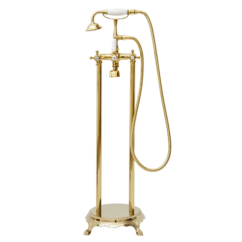 Retro floor standing bathtub faucet, zirconium gold electroplated silver ceramic handle, telephone shower showerhead