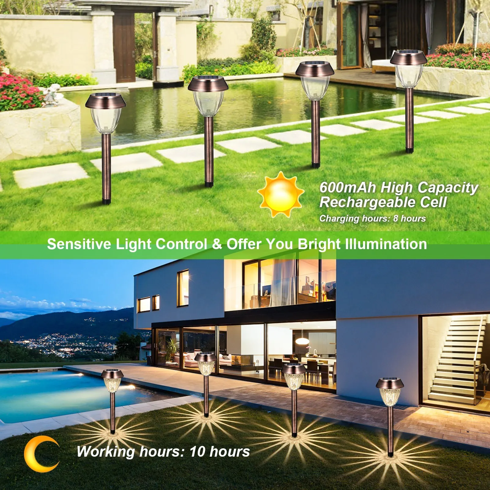 4 PCS Solar Powered Energy LEDs Lawn Light Spike Lamp Sensitive Light Control/ IP44 Water Resistance/ Built-in 600mAh