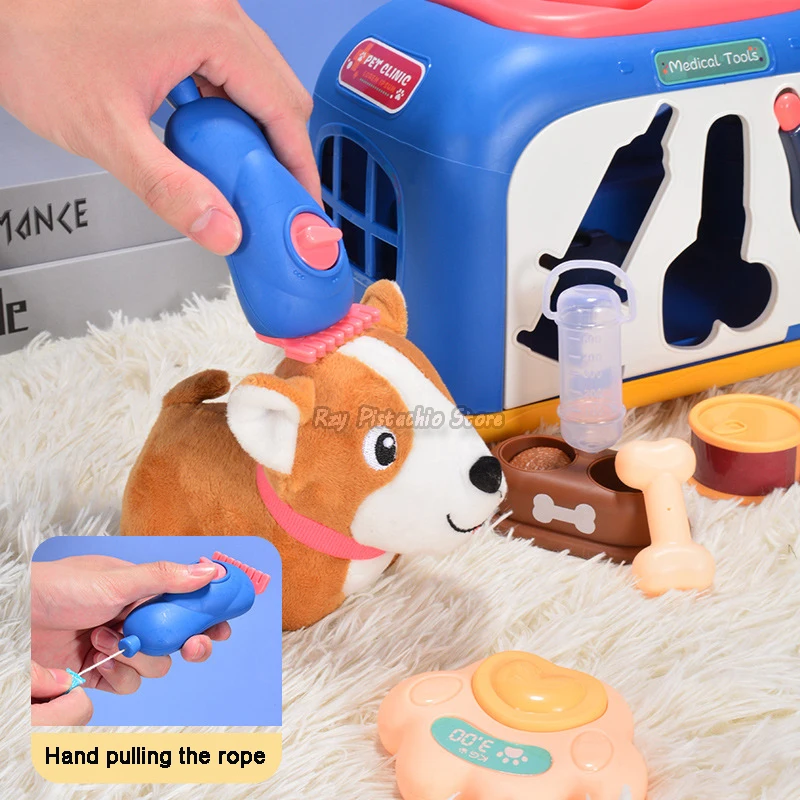 Pet Care Toys Sliding Suitcase Doctor Play House Set Kids Simulation Animal Fabric Dog Cat Grooming Feeding Gifts for Girls Boys