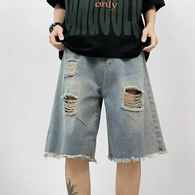 

Rough edge ripped denim shorts men's summer thin casual high street fashion trendy brand loose five-point pants