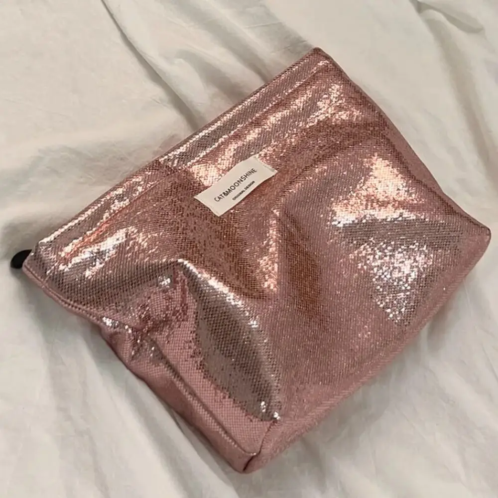 Silver Makeup Bag Fashion Shiny Sequins Champagne Cosmetic Bag Solid Color Toiletries Skincare Storage Bag Women