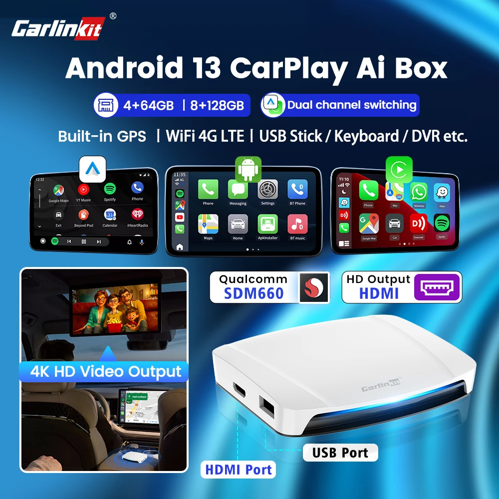 

Carlinkit Android 13 Wireless CarPlay AI Box HDMI Output wireless adapter Android Smart Video Box Qualcomm SDM660 6225 8-Core