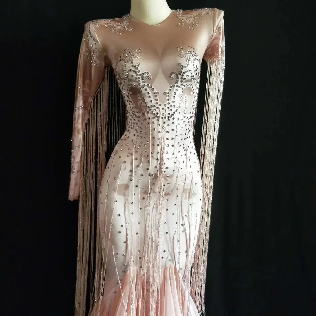 Sparkly Fringes Pink Women Long Dresses Shining Rhinestones Mermaid Tailing Dressy DJ Singer Dance Stage Wear One-Piece Costumes