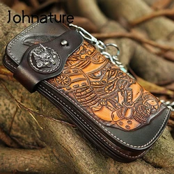 Johnature 2026 New Handmade Retro Genuine Leather Carving Men Long Wallet High Quality Cowhide Clutch Wallets Hand Chains Purse