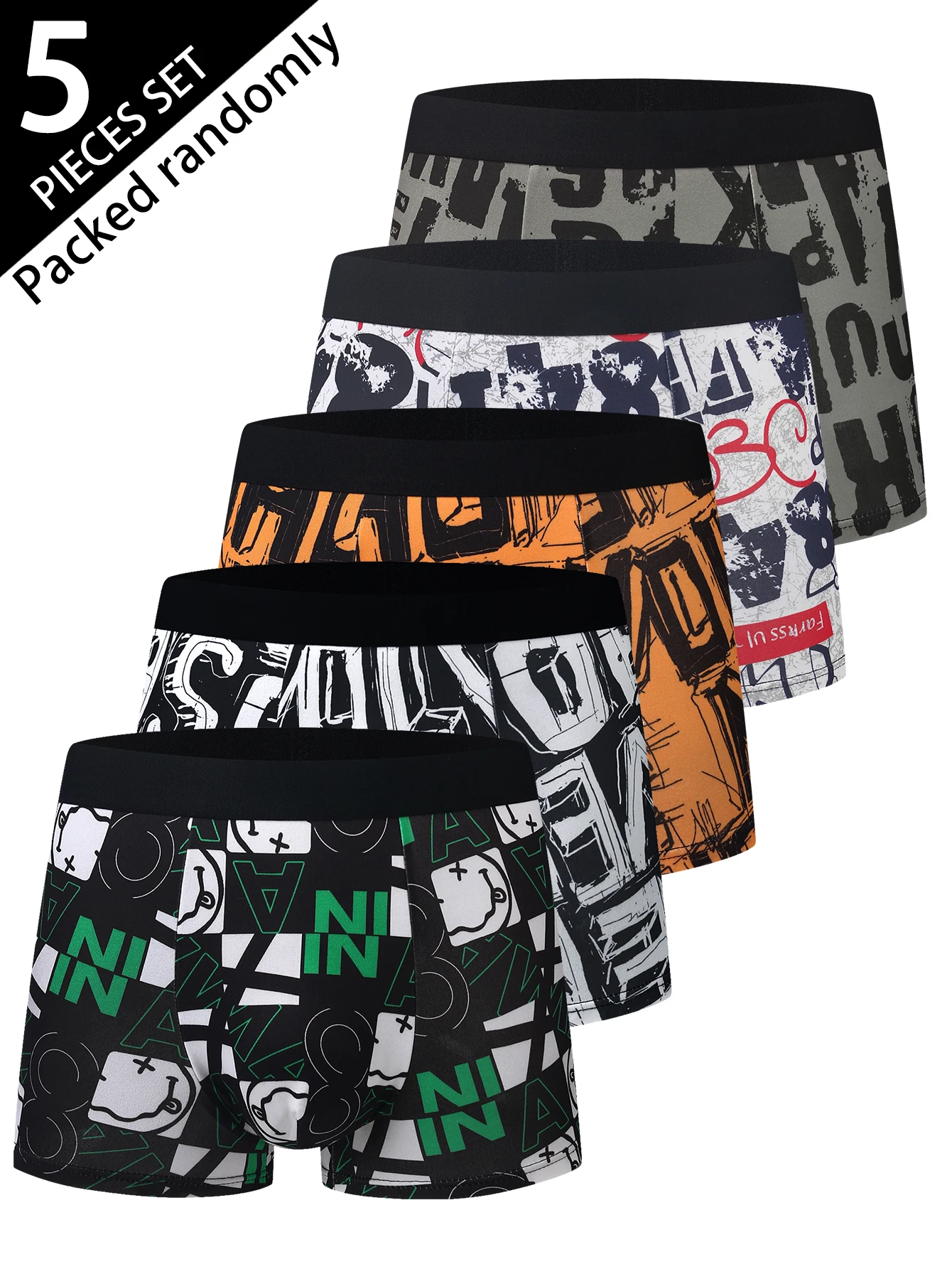 

Набор из 5 мужских трусов-боксеров с граффити, удобные, со средней посадкой, с принтом в виде букв и смайликов, случайная доставка