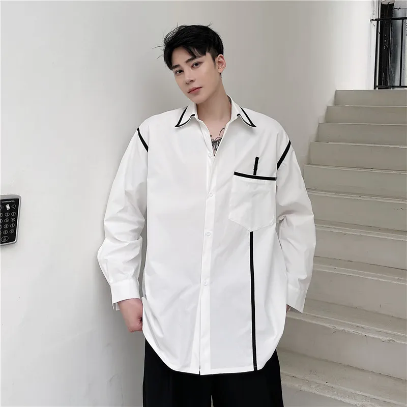 

2024 Spring Summer Men New Contrast Color Casual Shirt Mens Oversize Loose Lapel Blouses Male Long Sleeve Buttons Shirts F220