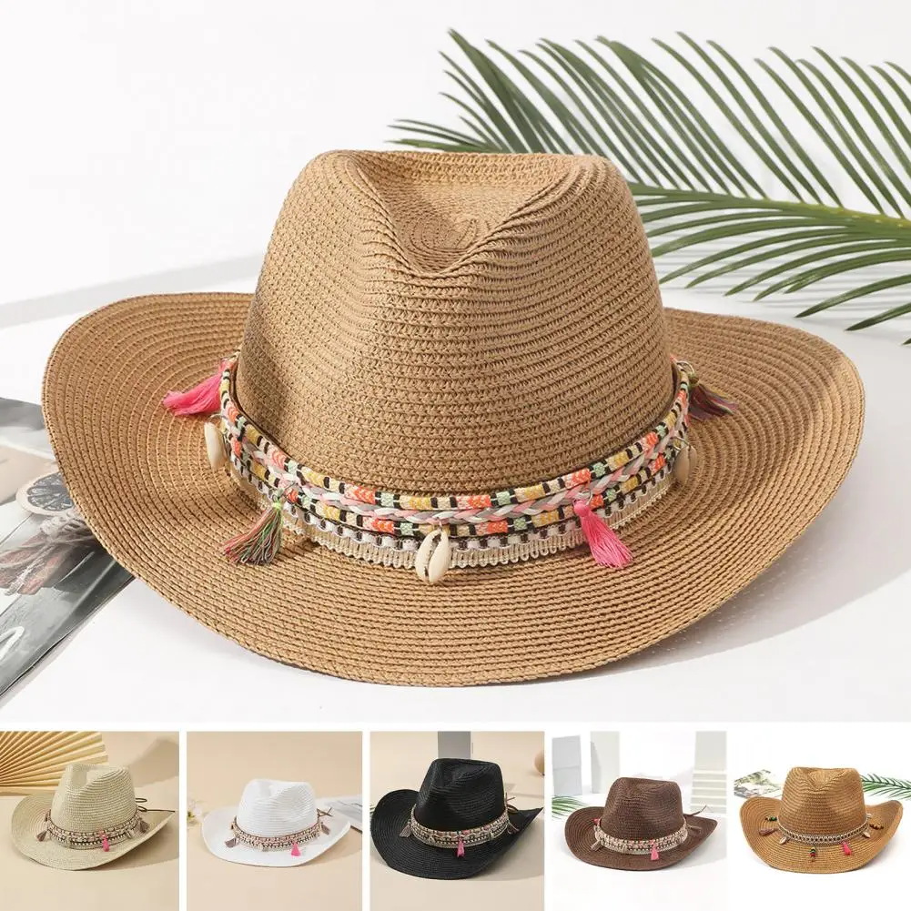 Straw Western Cowboy Hat Women Men Classic Vintage Bohemia Style Tassel Unisex Curled Wide Brim Sun Hat Fishing Hat Climbing Cap