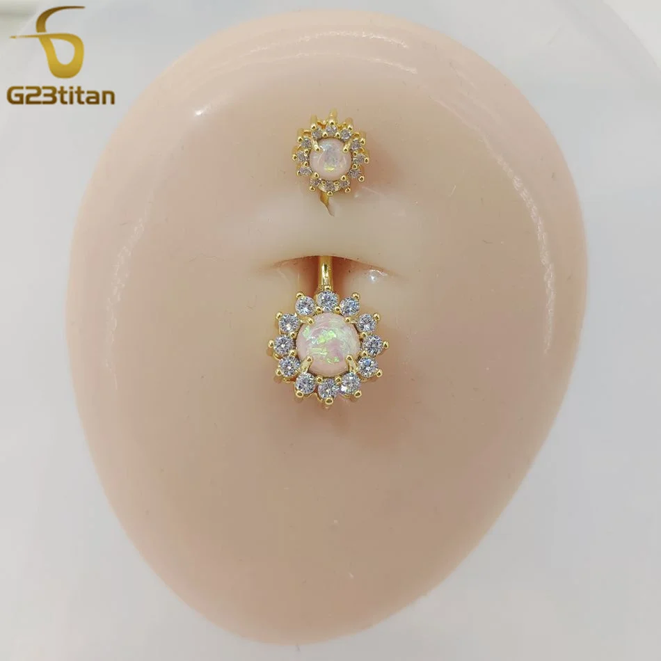 G23titan Pink Opal Crystal Sun Flower Belly Button Ring 14G Medical Titanium Bar Women Nombril Navel Piercing Ombligo Jewelry