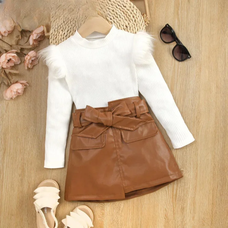 Childrens Clothing Set 2024 Autumn New Item Girls Knitted Fur Long Sleeved Top Brown Short Skirt Cute Sweet Two-piece Set