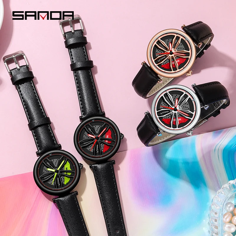 SANDA-reloj con rueda de coche deportivo 3D para mujer, pulsera luminosa de cuero, informal, de negocios, 1074
