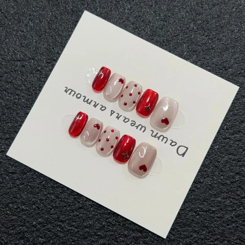 10pcs Handmade Short Cat Eye Love Dot Red Removable Christmas Press on Nails Acrylic Cute Fake Nails Sweet False Nails for Hands