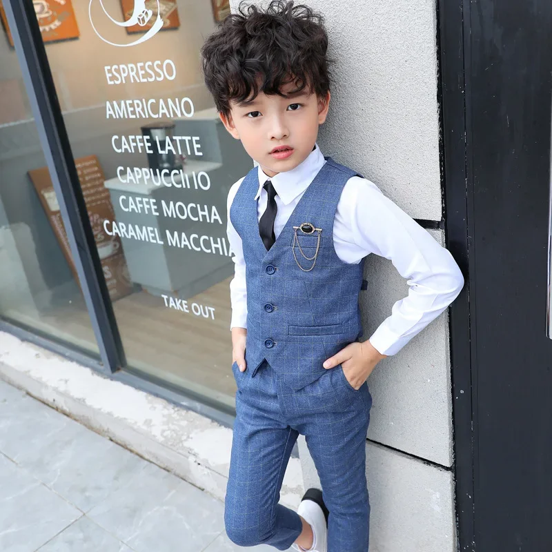 Kids Boy Blazer Plaid Vest Waistcoat Wedding Clothes Set Toddler Formal Dress Suit Child Brooch Shirt Pant Baby Gentlemen Outfit