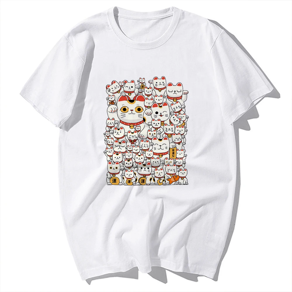Maneki Neko Meow Crowd Funny Lucky Cats T-shirt Unisex White Casual Short Sleeve TShirt,streetwear,Breathable No-cracking Print