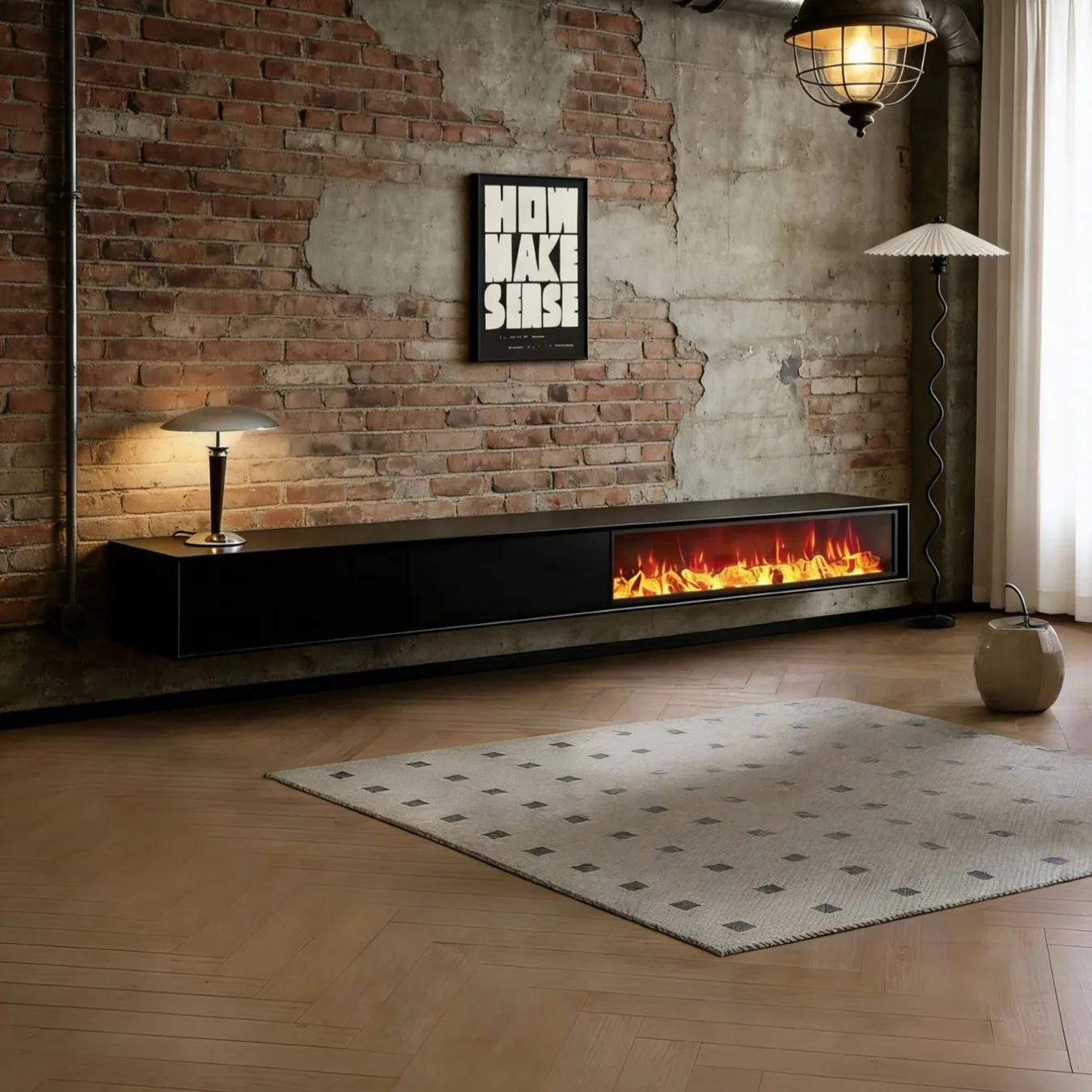 K*-Italian Minimalist TV Cabinet Modern Wall Mounted Black 3D Fireplace TV Cabinet Simulation Flame Decoration Furnace TV Stand