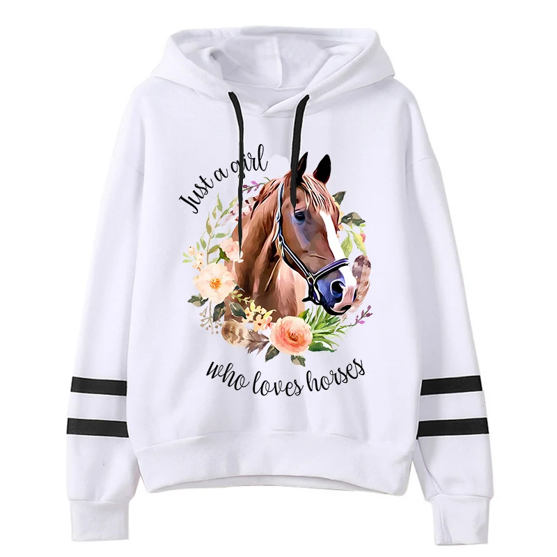 Harajuku แฟชั่น Just A Girl Who Loves A Horse Y2k Hoodies ดอกไม้ม้าแขนยาวผู้หญิงสบายๆ High Street เสื้อกันหนาว