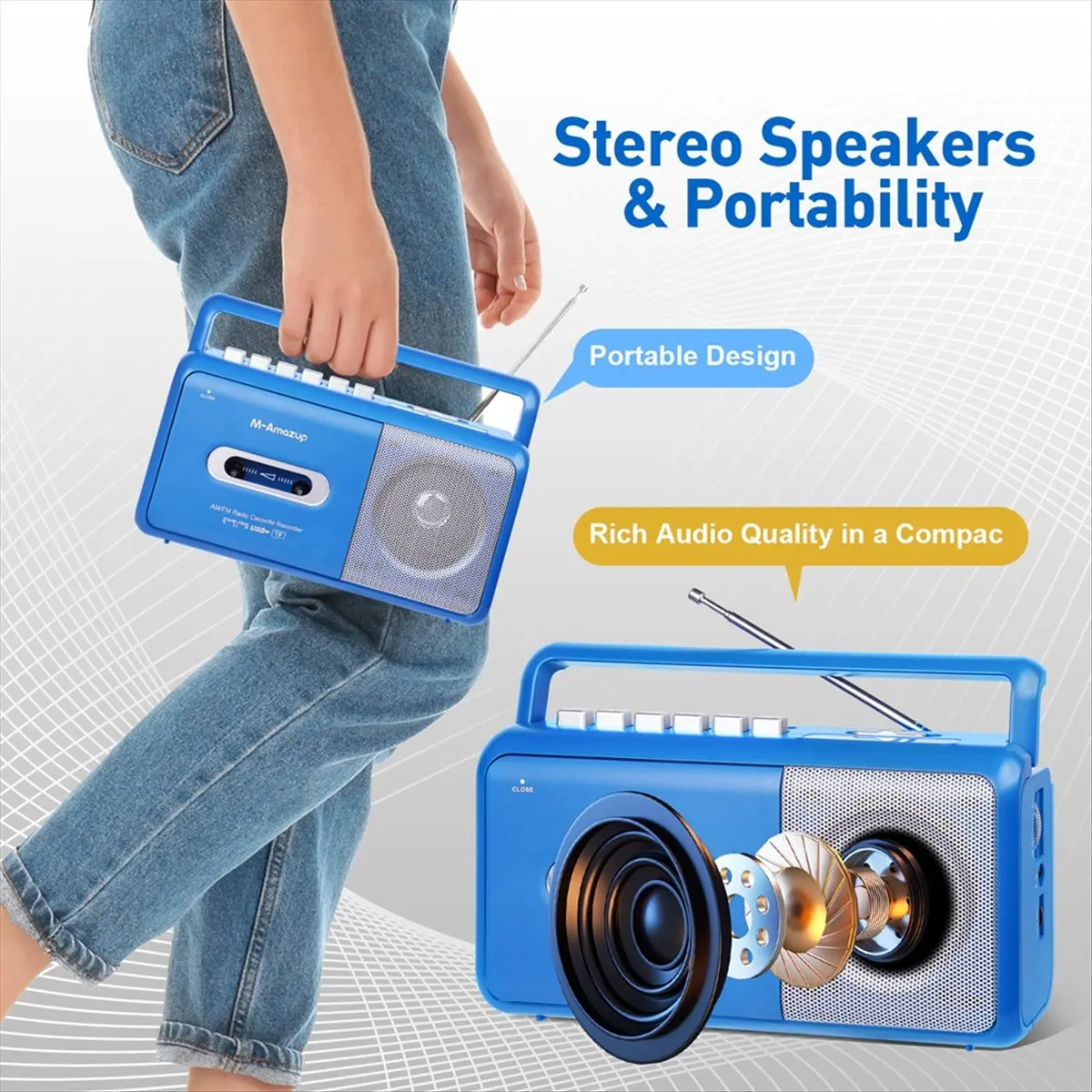 Portable Retro Cassette Recorder Player AM/FM Radio Stereo Casette Tape Player Recorder with Antenna, Blue,(US)