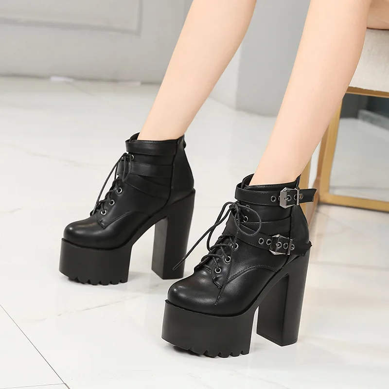 2023 Winter Fashion Women Ankle Boots Waterproof Platform Lace Up Buckle White Thick Heels High Heels Nightclub Prom Shoes